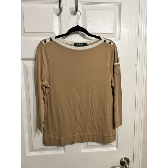 Ralph Lauren Tops - Ralph Lauren Womens XL 3/4 Sleeve Boat Neck Tee Shirt Pocket Sleeve Beige Brown
